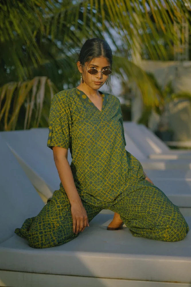 Green Handloom Kurta Pant with Criss-cross Ajrakh Hand-Block Prints-4.webp